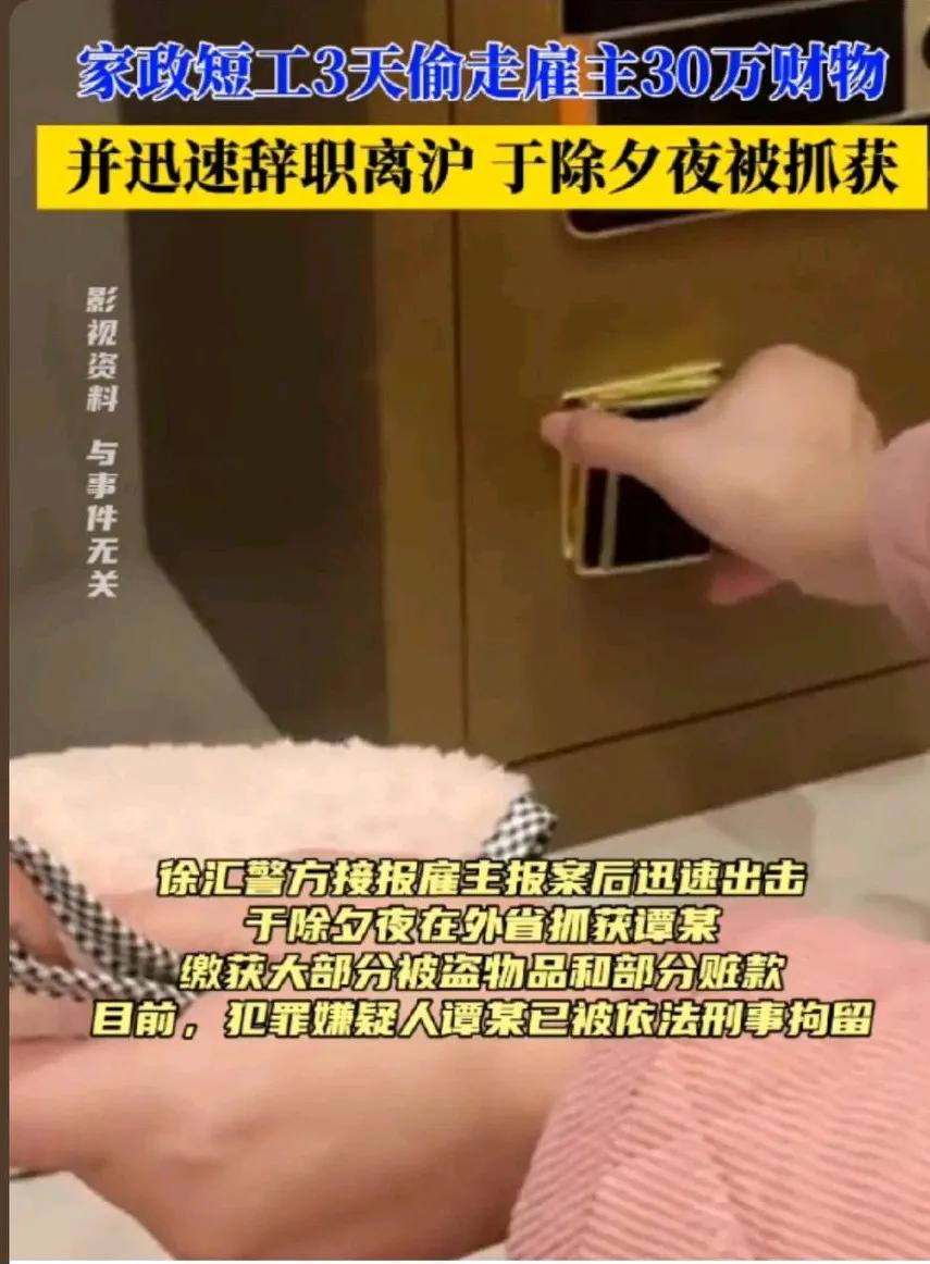 家政阿姨上崗3天偷走30萬元物品